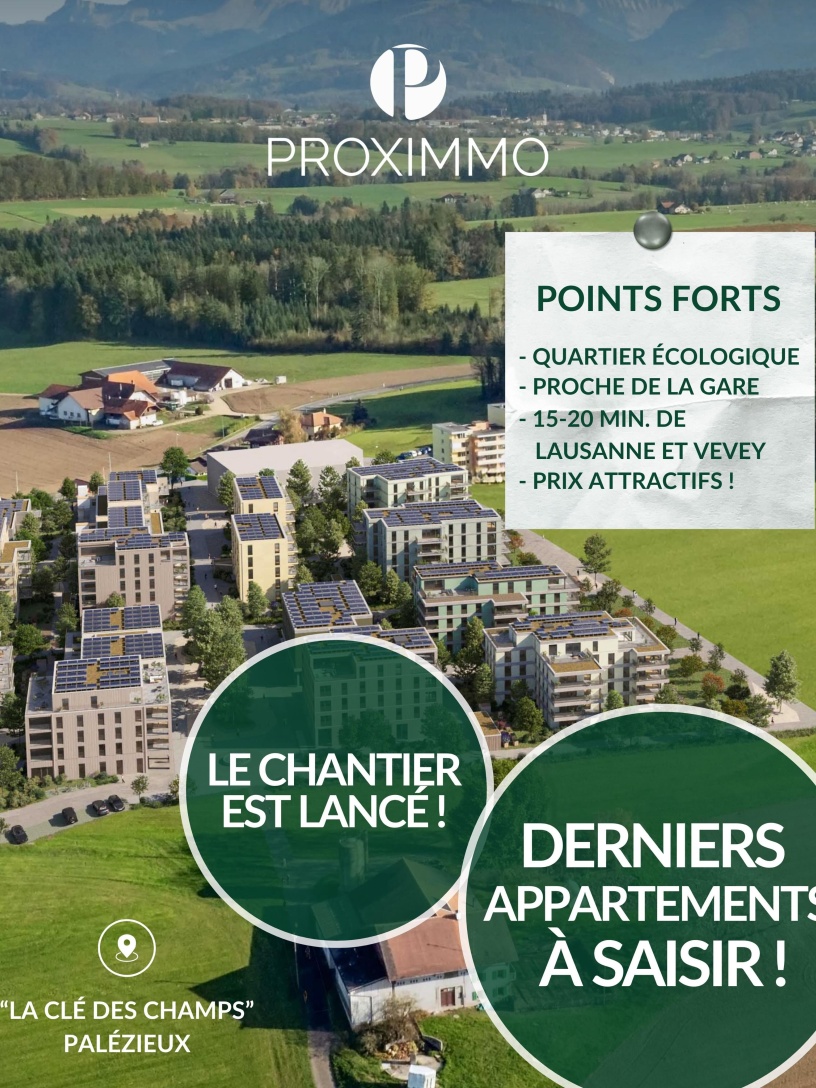 🏡 ”𝐋𝐀 𝐂𝐋𝐄́ 𝐃𝐄𝐒 𝐂𝐇𝐀𝐌𝐏𝐒” -  𝐔𝐍 𝐏𝐑𝐎𝐉𝐄𝐓 𝐄𝐌𝐁𝐋𝐄́𝐌𝐀𝐓𝐈𝐐𝐔𝐄 𝐀𝐔𝐗 𝐏𝐑𝐄𝐒𝐓𝐀𝐓𝐈𝐎𝐍𝐒 𝐔𝐍𝐈𝐐𝐔𝐄𝐒 😉🔑

À seulement 15 minutes de Lausanne et 20 minutes de Vevey, « La Clé des Champs » donne naissance à un nouveau quartier où nature, confort et modernité se rencontrent harmonieusement. 💚😍

Pensé pour répondre aux besoins d’aujourd’hui et de demain, ce projet emblématique propose des appartements lumineux et personnalisables, intégrés dans un environnement verdoyant et durable. 🌳☀️ 

Doublement labellisé Minergie et SNBS Quartier, le projet a été conçu avec une vision durable, innovante et responsable, offrant à ses habitants un cadre de vie exceptionnel tout en préservant les ressources pour les générations futures. 🌍✨

🏗️ Le chantier est lancé ! Découvrez les derniers appartements encore disponibles à la vente. 🤩🍀

🎯 Et si vous faisiez partie de ce nouveau quartier exclusif ?

Plus d’informations ici :

https://proximmo.ch/fr/promotion/acheter/nouvelle-promotion-la-cle-des-champs-13292268

🤗 Prenons le temps de nous rencontrer. Tout simplement.

📍 Tour Bel-Air, Place Bel-Air 1 à 1003 Lausanne
☎️ 021 351 08 08
📪 info@proximmo.ch
👉🏼 www.proximmo.ch

#immobilier #proximmo  #nouveauprojet #icionvend