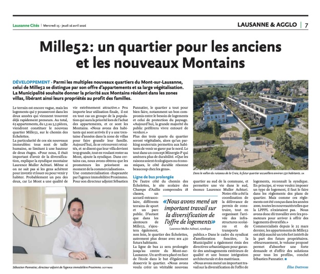 😍 𝗠𝗘𝗥𝗖𝗜 𝗔𝗨 𝗟𝗔𝗨𝗦𝗔𝗡𝗡𝗘 𝗖𝗜𝗧𝗘𝗦 𝗣𝗢𝗨𝗥 𝗖𝗘𝗧 𝗔𝗥𝗧𝗜𝗖𝗟𝗘 🍀 🚀

L’hebdomadaire Lausanne Cités parle de MILLE52, une nouvelle promotion emblématique au Mont-sur-Lausanne que PROXIMMO a l’honneur de commercialiser. 💚

Ce projet singulier offre des avantages clés au travers desquels les acquéreurs s’y projettent aisément. 🏡 🔑
Pour preuve, près de 50% des lots ont déjà trouvé preneurs en seulement quelques jours. ✨ 🔥

Et si vous aussi vous faisiez partie de cette belle aventure ? 😇 🎯

🤗 Prenons le temps de nous rencontrer. Tout simplement.

PROXIMMO Agence Immobilière 
Place Bel-Air 1, 1003 Lausanne
☎️ 021 351 08 08
📪 info@proximmo.ch
👉🏼 www.proximmo.ch

#immobilier #lausanne #proximmo
#nouvellepromotion #LausanneCités #presse #article #icionvend