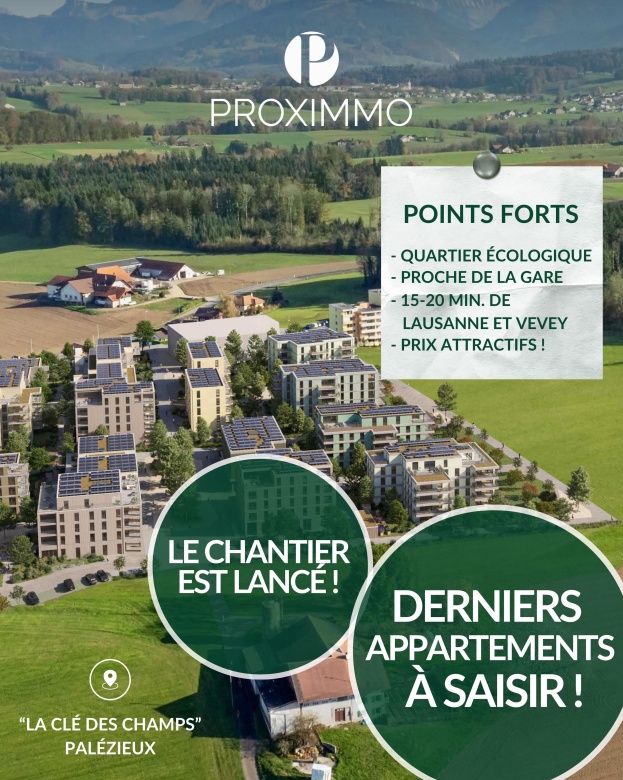 🏡 ”𝐋𝐀 𝐂𝐋𝐄́ 𝐃𝐄𝐒 𝐂𝐇𝐀𝐌𝐏𝐒” -  𝐔𝐍 𝐏𝐑𝐎𝐉𝐄𝐓 𝐄𝐌𝐁𝐋𝐄́𝐌𝐀𝐓𝐈𝐐𝐔𝐄 𝐀𝐔𝐗 𝐏𝐑𝐄𝐒𝐓𝐀𝐓𝐈𝐎𝐍𝐒 𝐔𝐍𝐈𝐐𝐔𝐄𝐒 😉🔑

À seulement 15 minutes de Lausanne et 20 minutes de Vevey, « La Clé des Champs » donne naissance à un nouveau quartier où nature, confort et modernité se rencontrent harmonieusement. 💚😍

Pensé pour répondre aux besoins d’aujourd’hui et de demain, ce projet emblématique propose des appartements lumineux et personnalisables, intégrés dans un environnement verdoyant et durable. 🌳☀️ 

Doublement labellisé Minergie et SNBS Quartier, le projet a été conçu avec une vision durable, innovante et responsable, offrant à ses habitants un cadre de vie exceptionnel tout en préservant les ressources pour les générations futures. 🌍✨

🏗️ Le chantier est lancé ! Découvrez les derniers appartements encore disponibles à la vente. 🤩🍀

🎯 Et si vous faisiez partie de ce nouveau quartier exclusif ?

Plus d’informations ici :

https://proximmo.ch/fr/promotion/acheter/nouvelle-promotion-la-cle-des-champs-13292268

🤗 Prenons le temps de nous rencontrer. Tout simplement.

📍 Tour Bel-Air, Place Bel-Air 1 à 1003 Lausanne
☎️ 021 351 08 08
📪 info@proximmo.ch
👉🏼 www.proximmo.ch

#immobilier #proximmo  #nouveauprojet #icionvend
