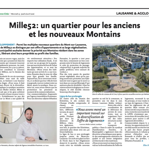 😍 𝗠𝗘𝗥𝗖𝗜 𝗔𝗨 𝗟𝗔𝗨𝗦𝗔𝗡𝗡𝗘 𝗖𝗜𝗧𝗘𝗦 𝗣𝗢𝗨𝗥 𝗖𝗘𝗧 𝗔𝗥𝗧𝗜𝗖𝗟𝗘 🍀 🚀

L’hebdomadaire Lausanne Cités parle de MILLE52, une nouvelle promotion emblématique au Mont-sur-Lausanne que PROXIMMO a l’honneur de commercialiser. 💚

Ce projet singulier offre des avantages clés au travers desquels les acquéreurs s’y projettent aisément. 🏡 🔑
Pour preuve, près de 50% des lots ont déjà trouvé preneurs en seulement quelques jours. ✨ 🔥

Et si vous aussi vous faisiez partie de cette belle aventure ? 😇 🎯

🤗 Prenons le temps de nous rencontrer. Tout simplement.

PROXIMMO Agence Immobilière 
Place Bel-Air 1, 1003 Lausanne
☎️ 021 351 08 08
📪 info@proximmo.ch
👉🏼 www.proximmo.ch

#immobilier #lausanne #proximmo
#nouvellepromotion #LausanneCités #presse #article #icionvend