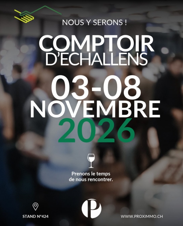 💚 𝐂𝐎𝐌𝐏𝐓𝐎𝐈𝐑 𝐃’𝐄́𝐂𝐇𝐀𝐋𝐋𝐄𝐍𝐒 – 𝐍𝐎𝐔𝐒 𝐘 𝐒𝐄𝐑𝐎𝐍𝐒 ! 🤗😍

Du 3 au 8 novembre 2026, retrouvons-nous au Comptoir d’Échallens pour un moment de partage et de convivialité ! 💚

Toute l’équipe PROXIMMO se réjouit de vous accueillir au stand n°424 pour faire connaissance, échanger et parler de vos envies immobilières. 🏡😉

Un projet d’achat, une envie de vendre ou simplement quelques questions ? Profitons de cette occasion pour en discuter ensemble, dans une ambiance chaleureuse et détendue. 🥂

Parce que chaque projet commence par une rencontre, nous serons ravis de prendre le temps de vous écouter et de vous accompagner dans vos réflexions. 🍀

📍 Stand n°424 – Comptoir d’Échallens
📅 Du 3 au 8 novembre 2026

🤗 Prenons le temps de nous rencontrer. Tout simplement.

PROXIMMO Agence Immobilière

Tour Bel-Air, Place Bel-Air 1
1003 Lausanne
021 351 08 08
info@proximmo.ch

👉🏼 www.proximmo.ch

#immobilier #proximmo #comptoirdechallens #echallens #grosdevaud
